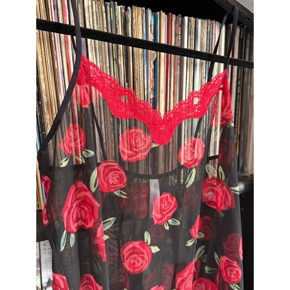 Y2K Dark Feminine Whimsigoth Cami 14/16 Red Rose Lace Mesh Sheer Lingerie Y2K - Picture 2 of 3